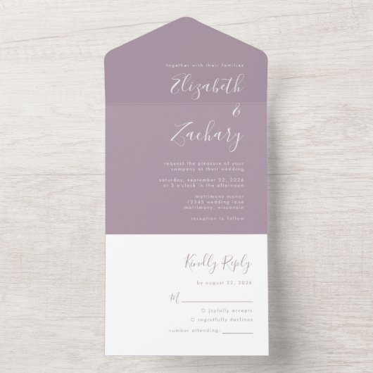 Modern Script Minimal Dusty Lavender Wedding All In One Uitnodiging (Binnen)