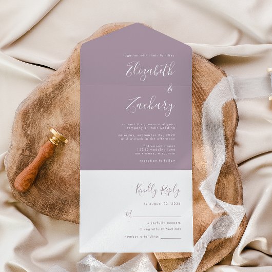 Modern Script Minimal Dusty Lavender Wedding All In One Uitnodiging
