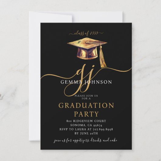 Modern Script Minimal Graduation Party Gold Black Kaart (Voorkant)