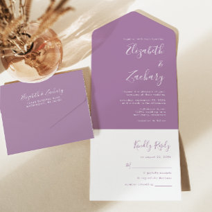 Modern Script Minimal Mauve Wedding All In One Uitnodiging