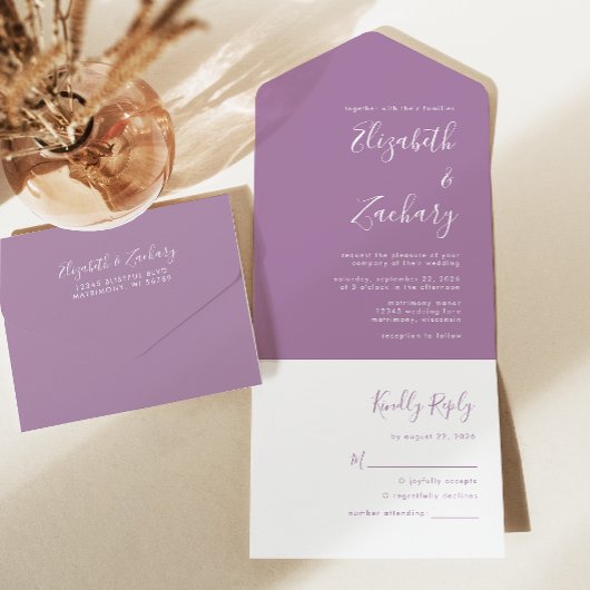 Modern Script Minimal Mauve Wedding All In One Uitnodiging