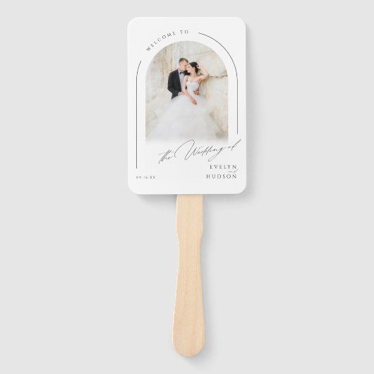 Modern Script Minimal Photo Arch Wedding Programs Handwaaier (Voorkant)