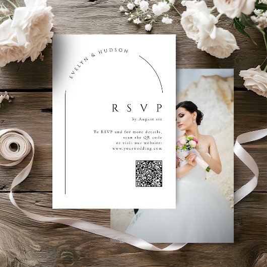 Modern Script Minimal Photo Arch Wedding QR code RSVP Kaartje