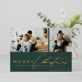 Modern Script Minimal Photo Green Merry Christmas Folie Feestdagenkaart (Staand Voorkant)