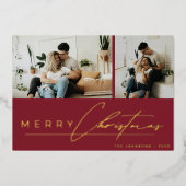 Modern Script Minimal Photo Red Merry Christmas Folie Feestdagenkaart (Voorkant)