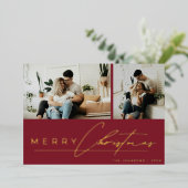 Modern Script Minimal Photo Red Merry Christmas Folie Feestdagenkaart (Staand Voorkant)