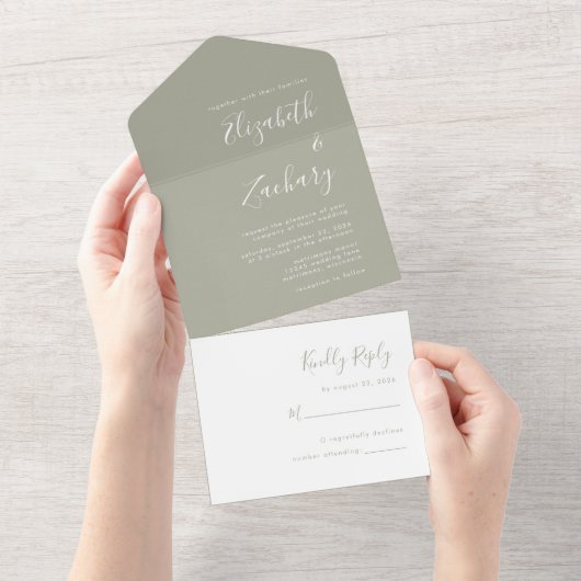 Modern Script Minimal Sage Green Wedding All In One Uitnodiging (Afscheurbaar)