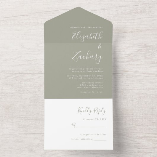 Modern Script Minimal Sage Green Wedding All In One Uitnodiging (Binnen)