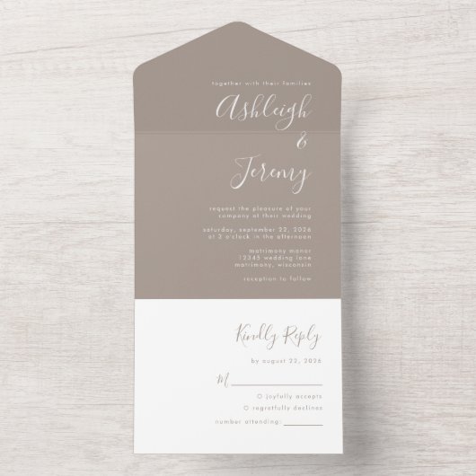 Modern Script Minimal Taupe Bruiloft All In One Uitnodiging (Binnen)