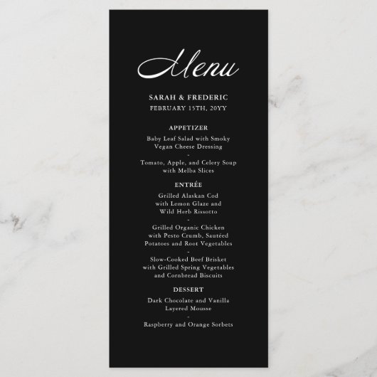 Modern Script Minimalist Black Wedding Menu (Voorkant)