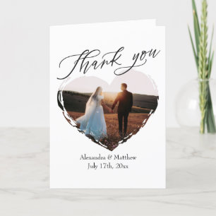 Modern Script minimalist Heart Photo Wedding Bedankkaart
