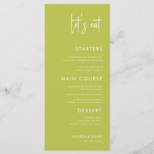 Modern Script Minimalist Let's Eat White Wedding   Menu (Voorkant)