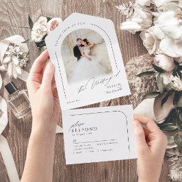 Modern Script Minimalist Photo Arch Wedding All In One Uitnodiging