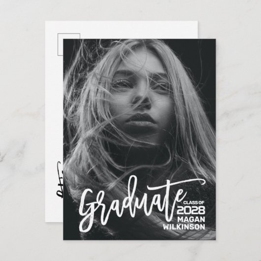 Modern script minimalistisch Afstuderen volledige  Uitnodiging Briefkaart (Voorkant / Achterkant)