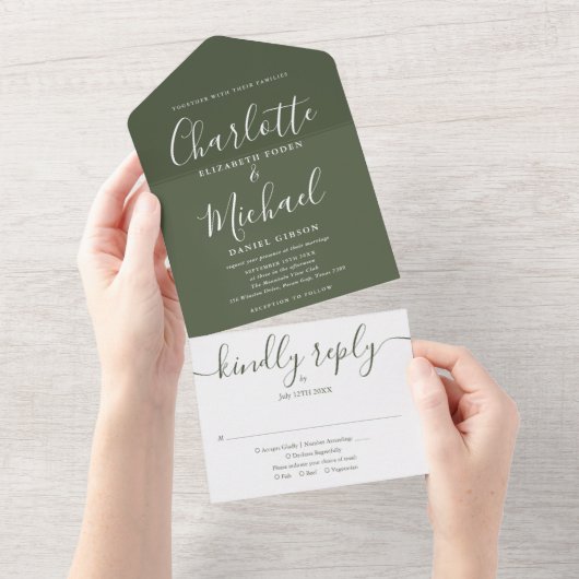 Modern script minimalistisch olive Green Wedding All In One Uitnodiging (Afscheurbaar)