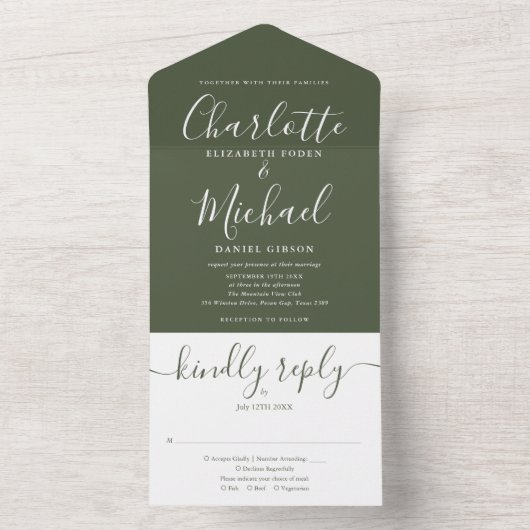 Modern script minimalistisch olive Green Wedding All In One Uitnodiging (Binnen)