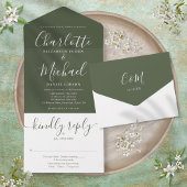 Modern script minimalistisch olive Green Wedding All In One Uitnodiging