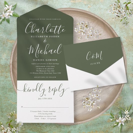 Modern script minimalistisch olive Green Wedding All In One Uitnodiging