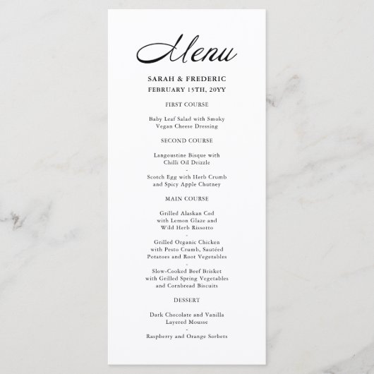 Modern Script minimalistisch wit bruiloft menu (Voorkant)