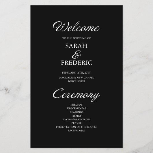 Modern Script minimalistisch zwart huwelijksprogra (Voorkant)
