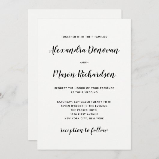 Modern script | Minimalistische zwart-wit bruiloft Kaart (Voorkant / Achterkant)