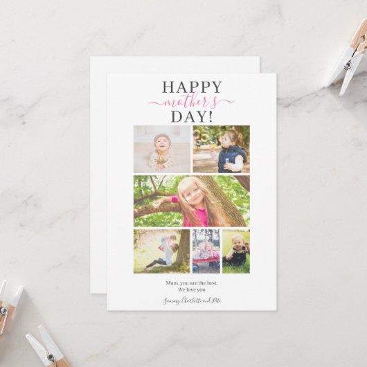 Modern script moederdag 6 foto collage gedicht kaart (Voorkant / Achterkant in situ)