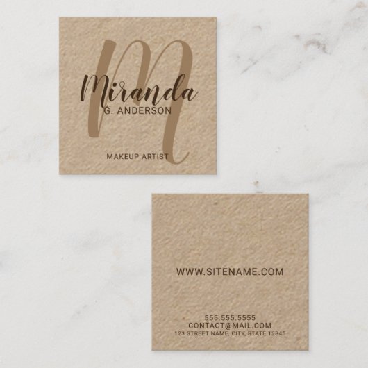 Modern Script Monogram en Naam Kraft Papier Vierkante Visitekaartje (Voorkant / Achterkant)