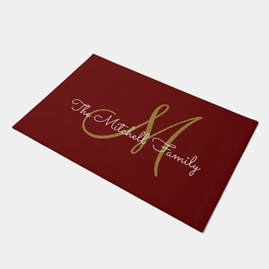 Modern Script Monogram Familienaam Burgundy Deurmat (Schuin)