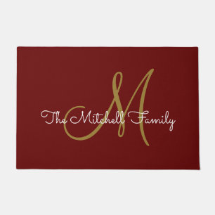 Modern Script Monogram Familienaam Burgundy Deurmat