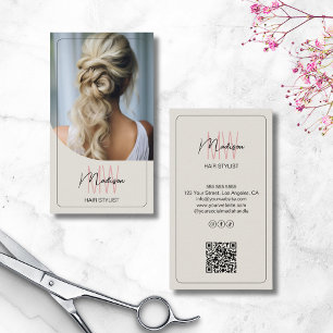 Modern Script Monogram Hair Stylist Salon Foto QR Visitekaartje