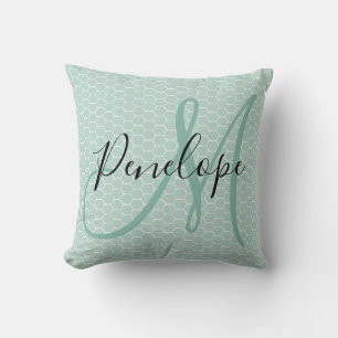 Modern Script Monogram Honeycomb Blauwgroen Kussen