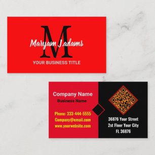 Modern Script Monogram (QR Code) Chique Zwart Rood Visitekaartje