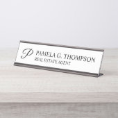Modern Script Monogram zwart-wit Bureau Naambordje (Voorkant)