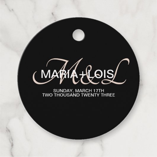 Modern Script Monogrammed Black Blush Pink Wedding Bedankjes Labels (Voorkant)