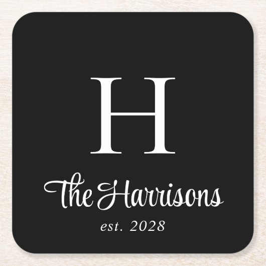Modern Script Monogrammed Black Kartonnen Onderzetters (Voorkant)