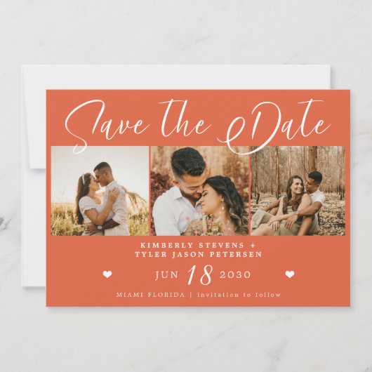 Modern script multi foto helder sinaasappel bruilo save the date (Voorkant)