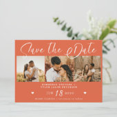 Modern script multi foto helder sinaasappel bruilo save the date (Staand voorkant)