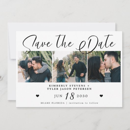 Modern script multi foto zwart-wit bruiloft save the date (Voorkant)