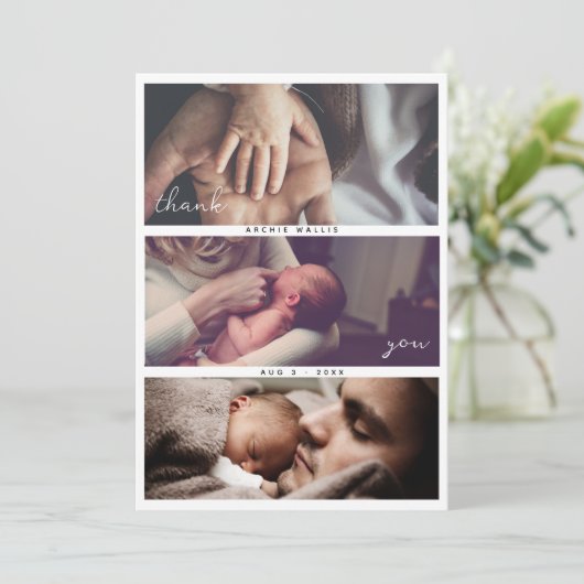 Modern Script Multi Photo Collage Baby shower Bedankkaart (Staand voorkant)