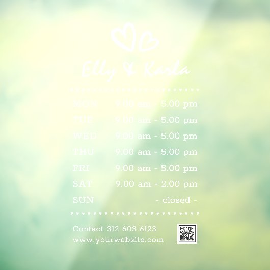 Modern Script Naam Hart Logo Openingstijden Wit Raamsticker (Vel 3)