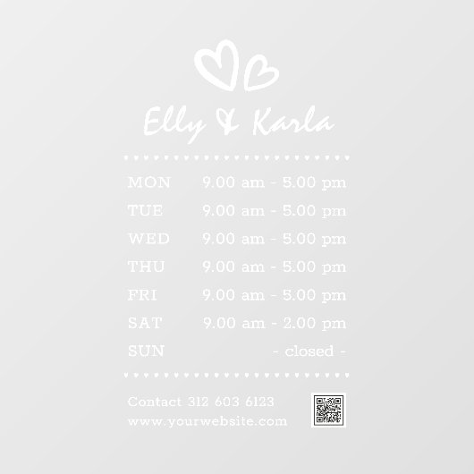 Modern Script Naam Hart Logo Openingstijden Wit Raamsticker (Vel)