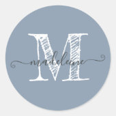 Modern Script Naam Monogram Initiaal Dusty Blue Ronde Sticker (Voorkant)