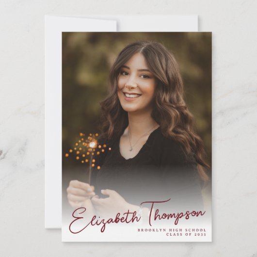 Modern Script Name Class Red 6 Photo Afstuderen Aankondiging (Voorkant)