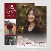 Modern Script Name Class Red 6 Photo Afstuderen Aankondiging (Voorkant / Achterkant)