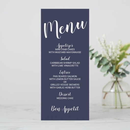 Modern Script Nautical Navy Blue Wedding Menu (Staand voorkant)