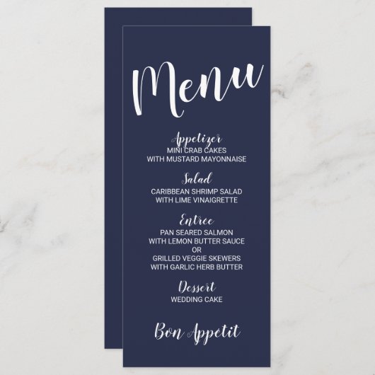 Modern Script Nautical Navy Blue Wedding Menu (Voorkant / Achterkant)