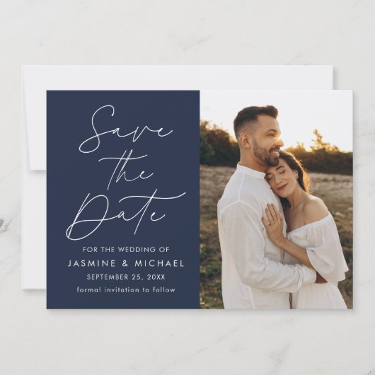 Modern Script Navy 2 Foto Save The Date (Voorkant)