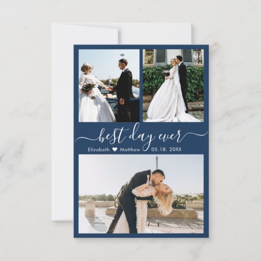 Modern Script Navy 3 Photo Collage Wedding Bedankkaart (Voorkant)