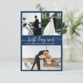 Modern Script Navy 3 Photo Collage Wedding Bedankkaart (Staand voorkant)