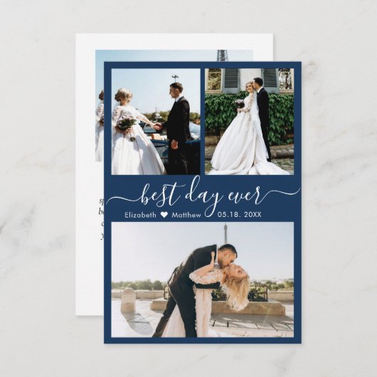 Modern Script Navy 3 Photo Collage Wedding Bedankkaart (Voorkant / Achterkant)